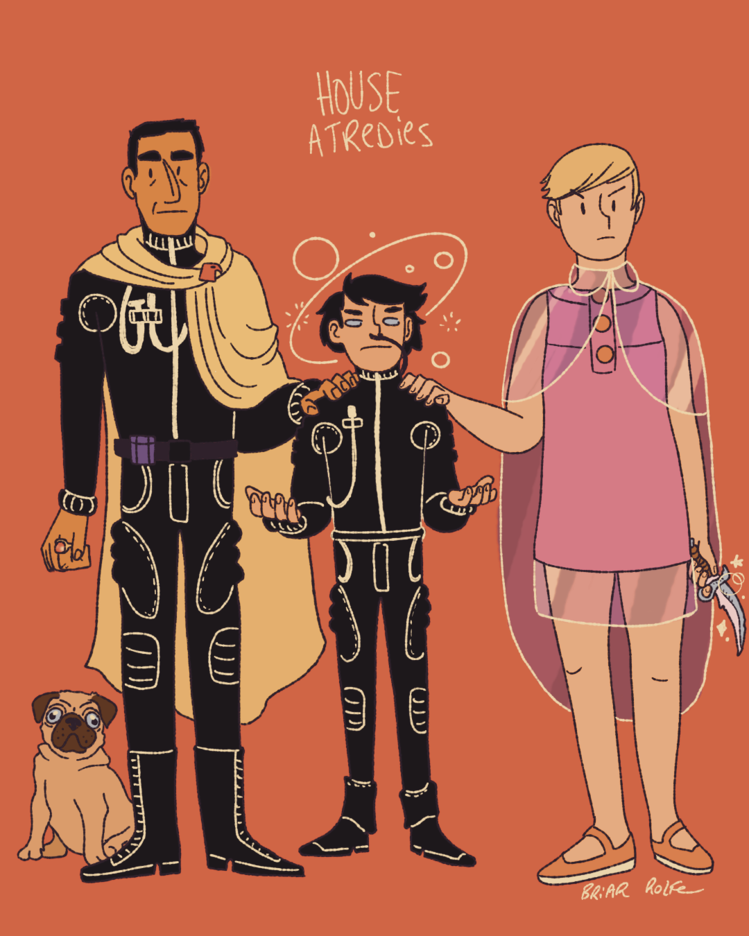 paul, duke leto, and lady jessica from Dune. Paul looks zoned out and unhinged
