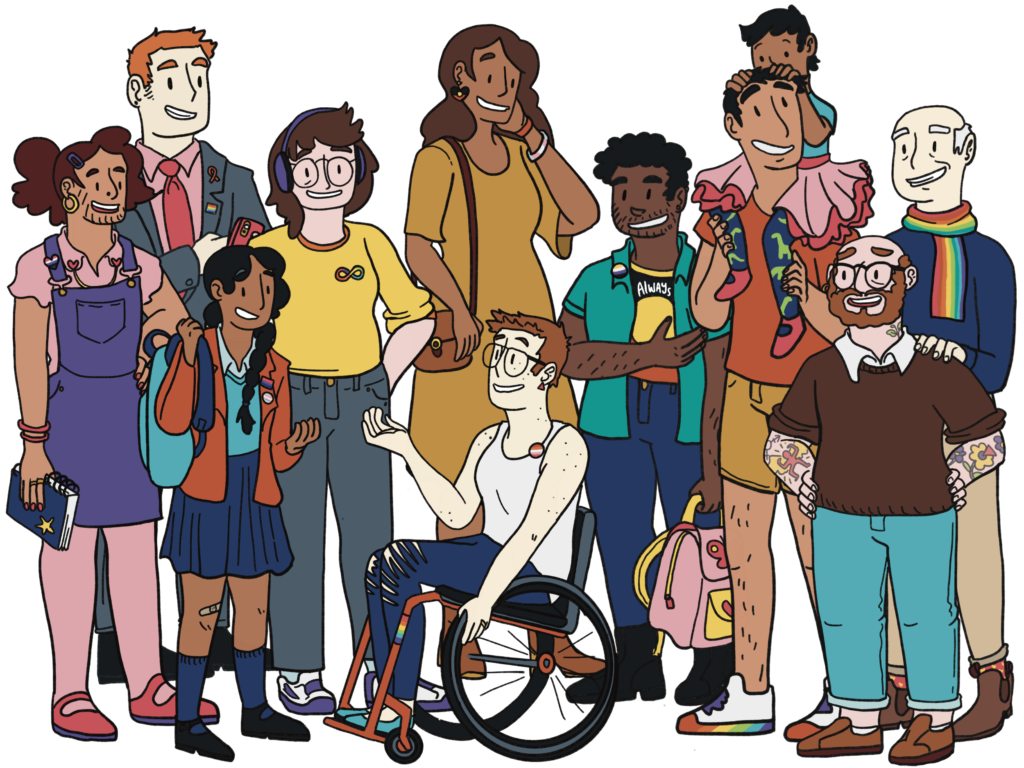 a group of queer people of multiple genders and representing different ethnicities, disabilities, and ages