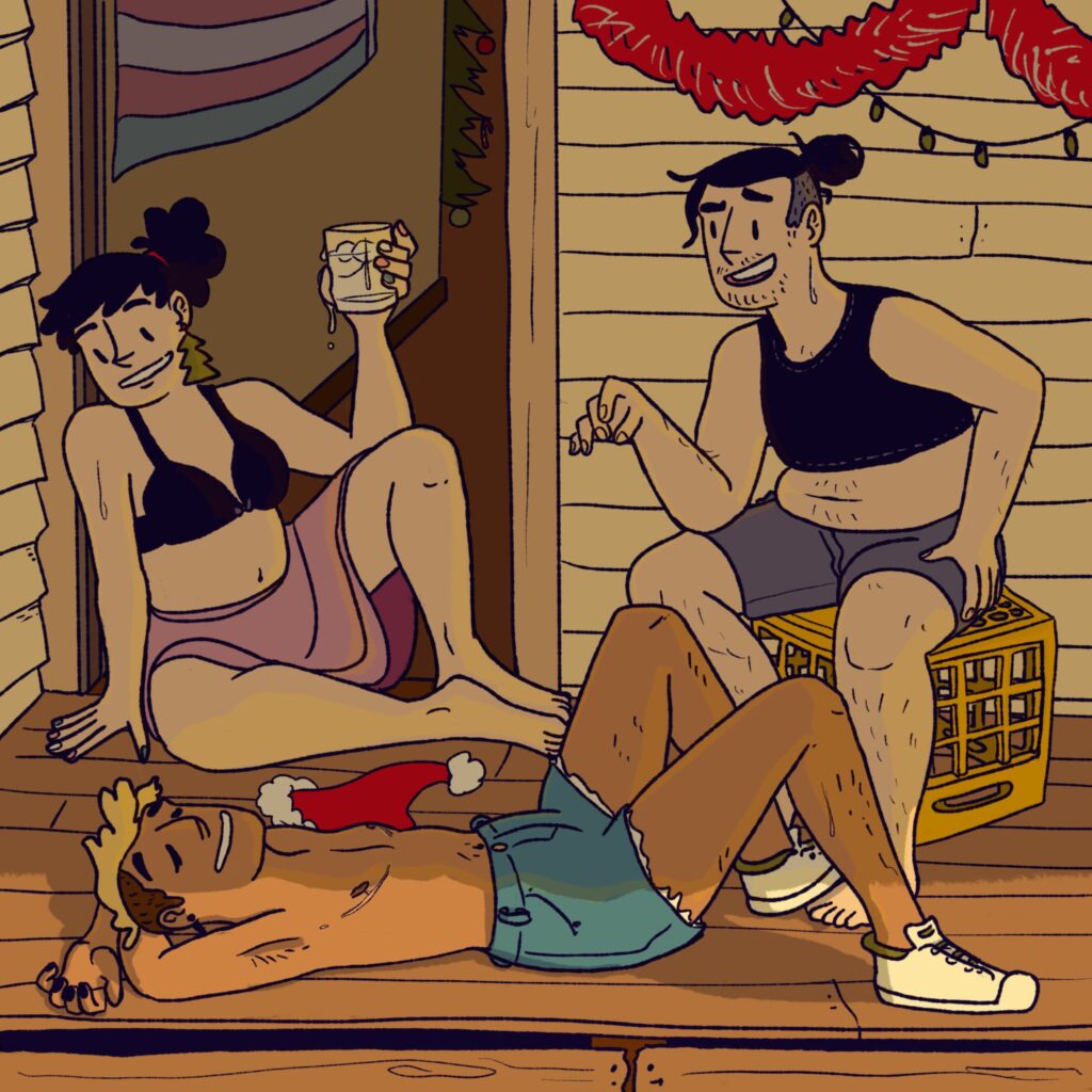 An illustration of my graphic novel characters, Henry (a trans man) Electra (a trans woman), and Cooper (a nonbinary person), in various stages of undress on the back verandah of a weatherboard house. It’s decorated for Christmas. Everyone is sweating, and Electra is holding a glass of water that’s dripping with condensation. Between you and me, I would describe the atmosphere as “lightly horny”