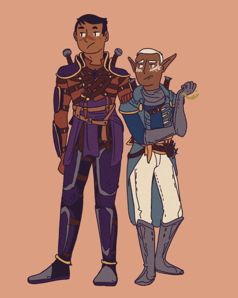 Two video game characters I have drawn, using a very 1970s fantasy novel colour palette. My Hawke is a very tall person with light brown skin and short dark hair and an Adam’s apple, wearing Cool Fantasy Armour from the game that is all straps and buckles. It doesn’t make sense. The other character, Lavellan, is a short little elf with darker brown skin, some pale facial tattoos, and they are wearing more of a military uniform. Both characters look extremely unimpressed at something off screen. 