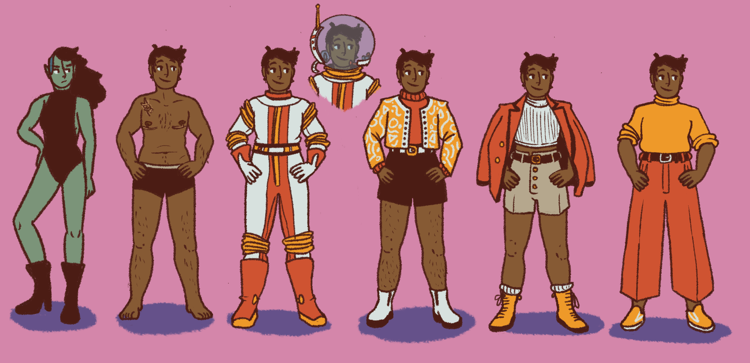 fashion illustrations of a nonbinary person in a variety of bright 60's inspired space fashions