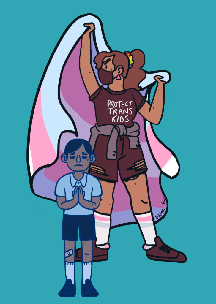 a trans woman holds a flag behind a ghostly figure of herself as a child