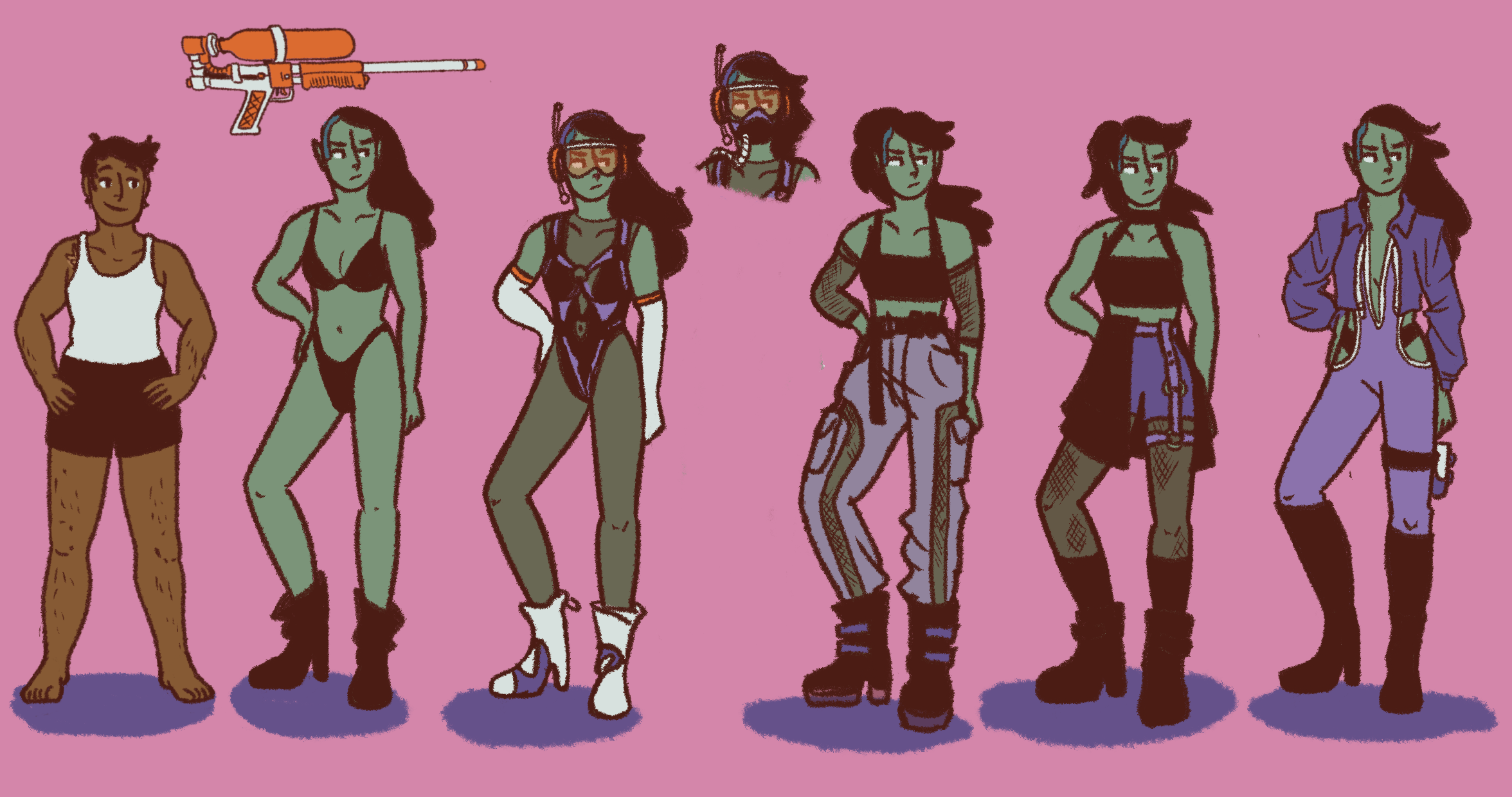 fashion illustrations of an alien lady who is cool and aloof and sexy