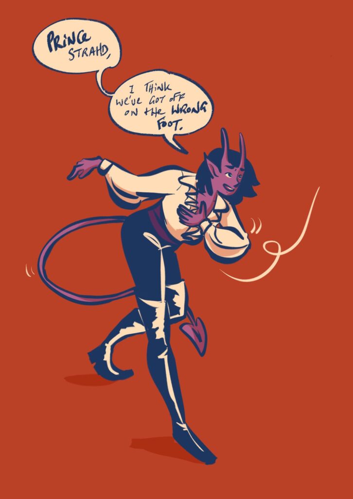 An illustration using a vintage sci fi colour palette. It’s of a purple tiefling in a frilly shirt doing a deep and flamboyant bow and saying, “Prince Strahd, I think we’ve got off on the wrong foot.”
